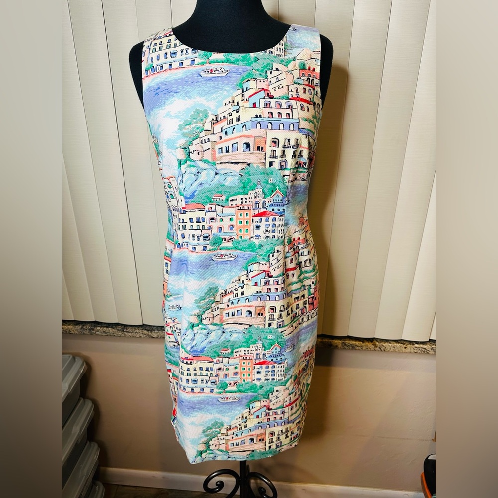 Talbots Scenic Village Shift Dress 100% Cotton coastal town print Size 4P